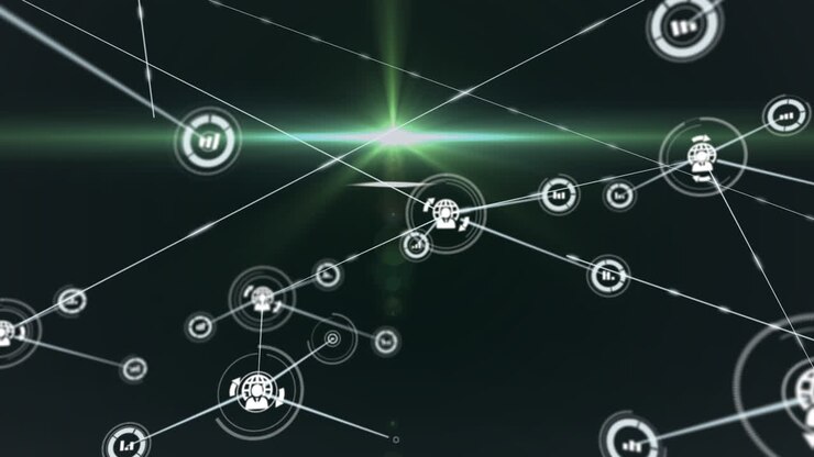 Animation of network of connections with icons over dark green background