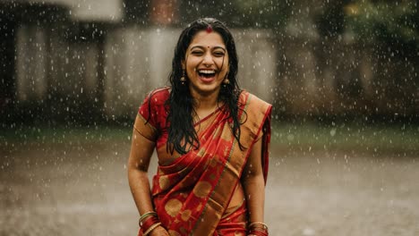 joyful woman in red saree celebrating the rain with a bright smile and open arms, embracing the beauty of nature and happiness in a monsoon setting