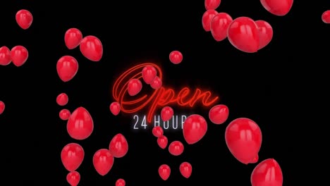 Textanimation-Rund-Um-Die-Uhr-Geöffnet,-In-Rotem-Neon-Und-Weiß,-Mit-Roten-Luftballons,-Auf-Schwarzem-Hintergrund