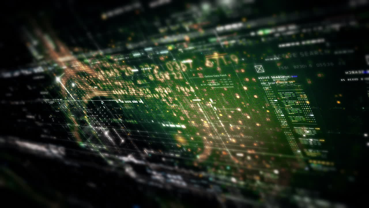 Futuristic abstract de-focus data matrix, meta, metaverse, telemetry and encrypt numbers display with particles simulation in cyber space environment for head up display background