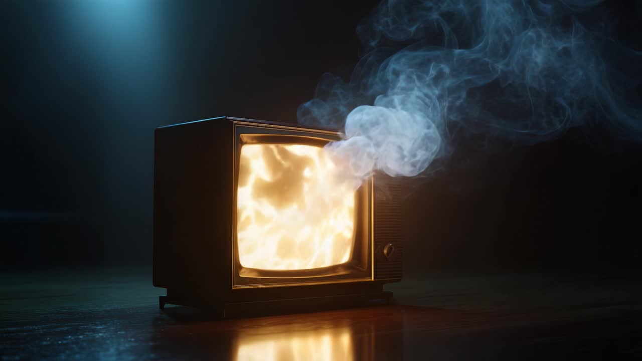 Unheimlicher Retro-Fernseher, umgeben von lebhaften Flammen und Rauch, der eine gespenstische Atmosphäre von Chaos und Nostalgie in einer schwach beleuchteten Umgebung schafft.