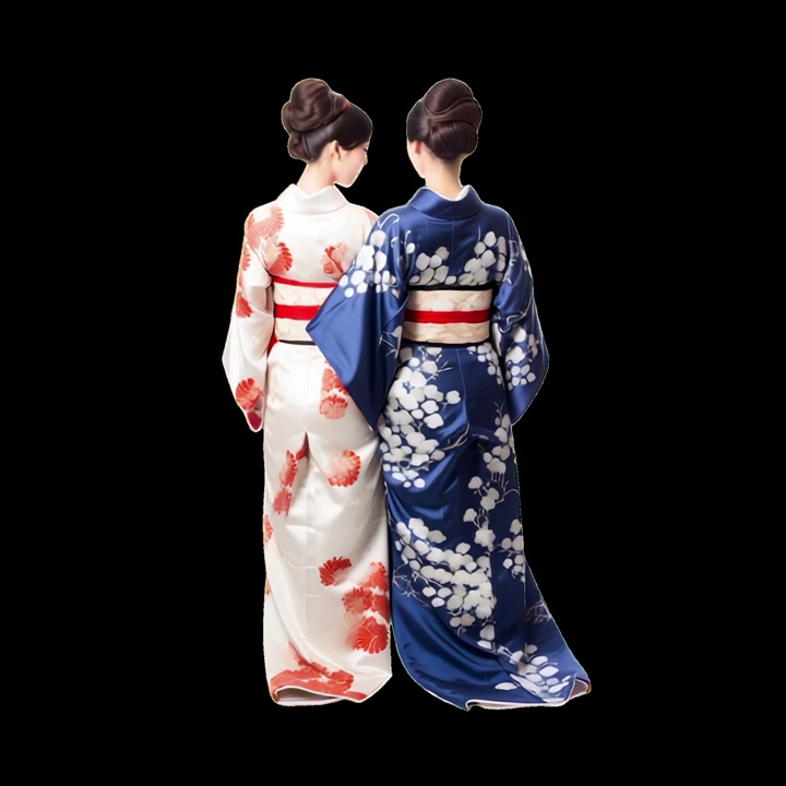 Vista posteriore di due donne giapponesi che indossano kimono tradizionali