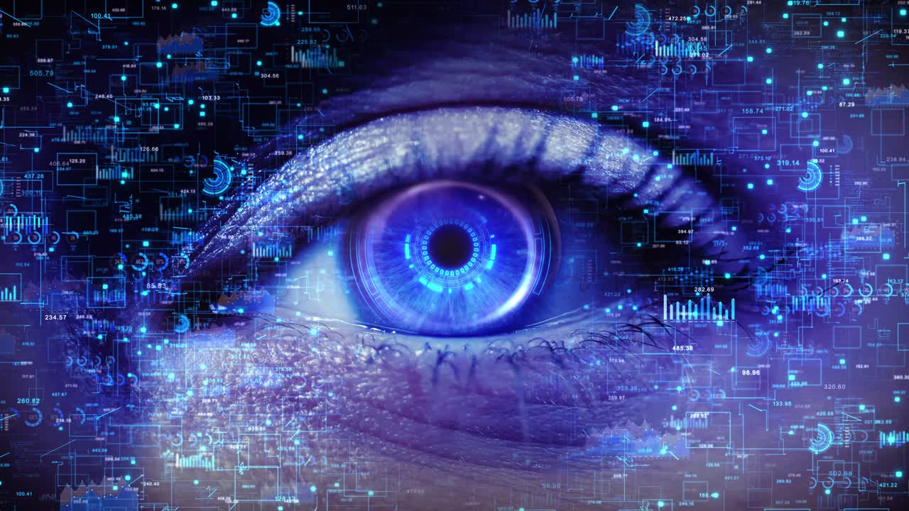 Blue digital eye biometric data future innovation face identification hitech technology surveillance