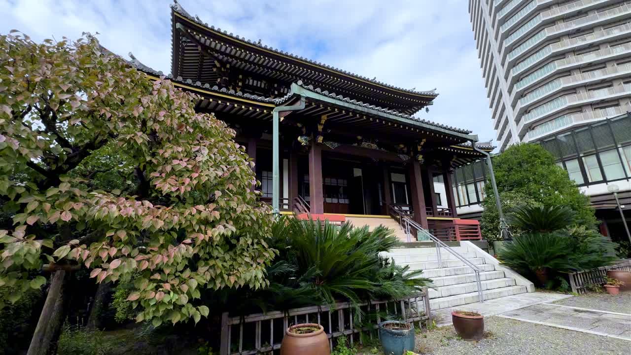Traditional Japanese temple with lush greenery and modern buildings in Tokyo Japan