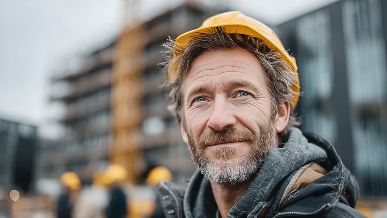 A Construction Worker with a Yellow Hard Hat Smiling Proudly in Front of a Building Under Construction, Showcasing the Spirit of Dedication and Hard Work