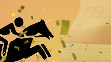 animación de caballo con icono de jinete y texto de carrera con confeti sobre fondo naranja