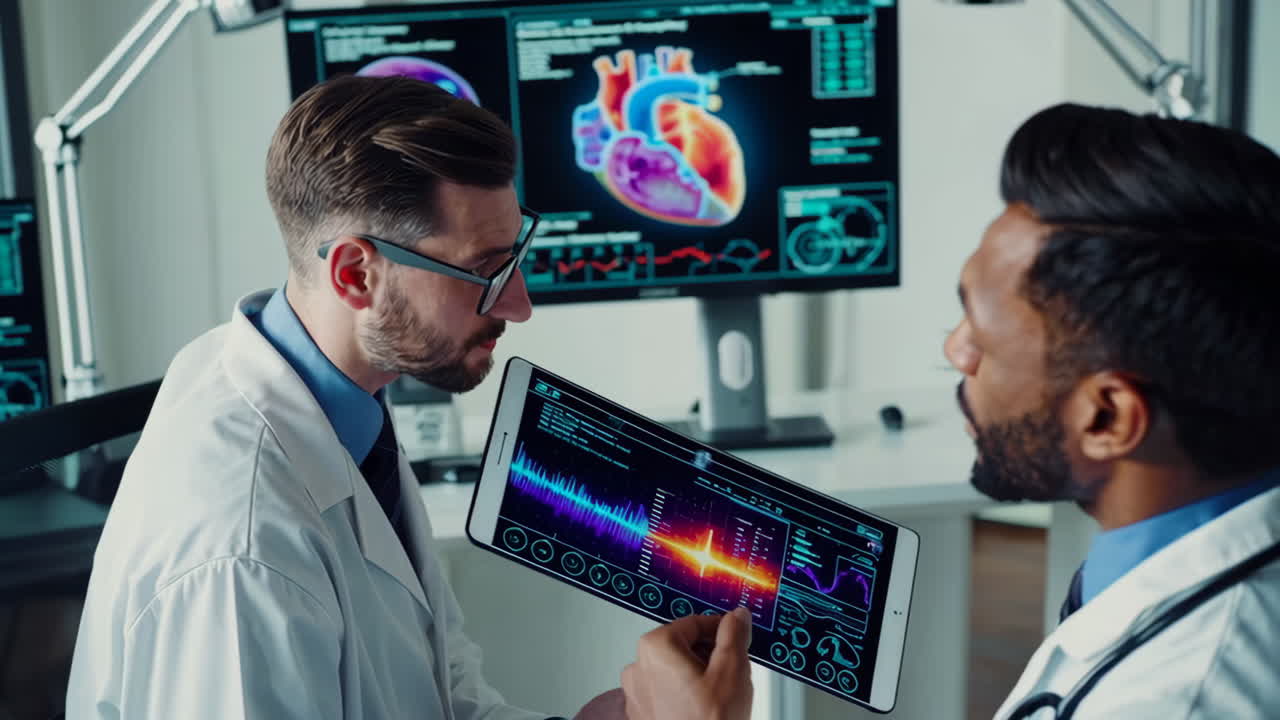 Doctors analyzing advanced medical data on screens and a tablet in a laboratory