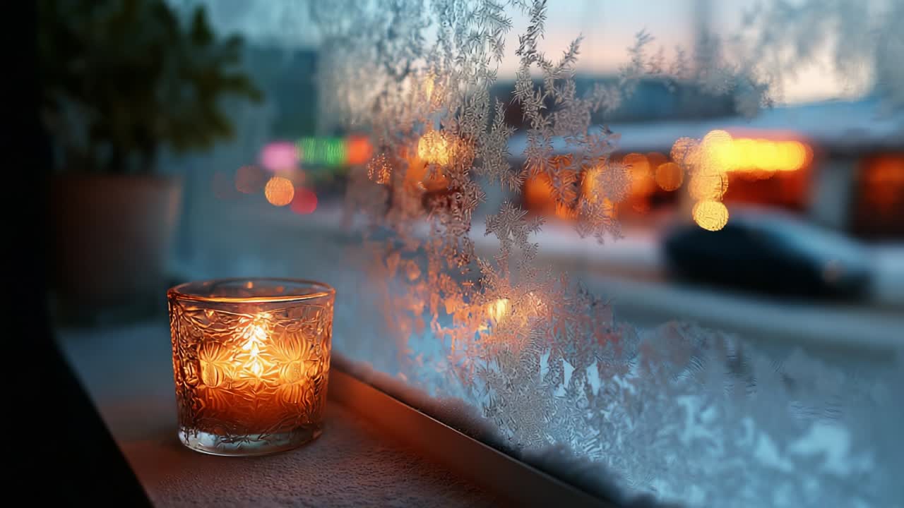 A serene winter evening scene featuring a glowing candle on a frosted window sill, enhanced by the soft glow of urban lights in the background, creating a cozy and inviting atmosphere as night falls