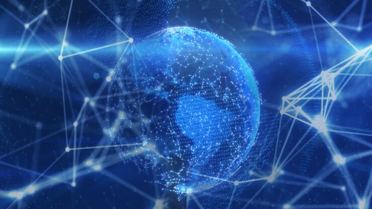 Animation of moving shapes and globe on blue background