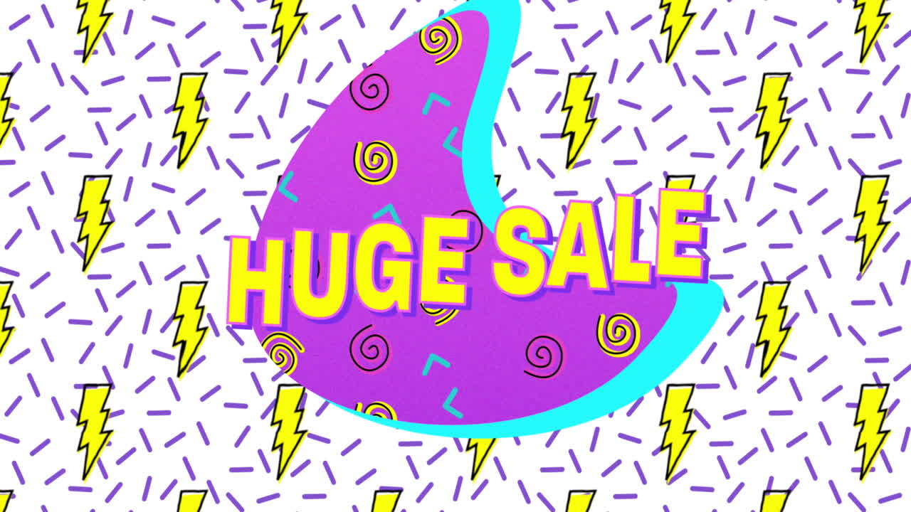 거대한 판매 텍스트, 번개, 원형 패턴, 선,  바탕에 추상적인 모양의 애니메이션