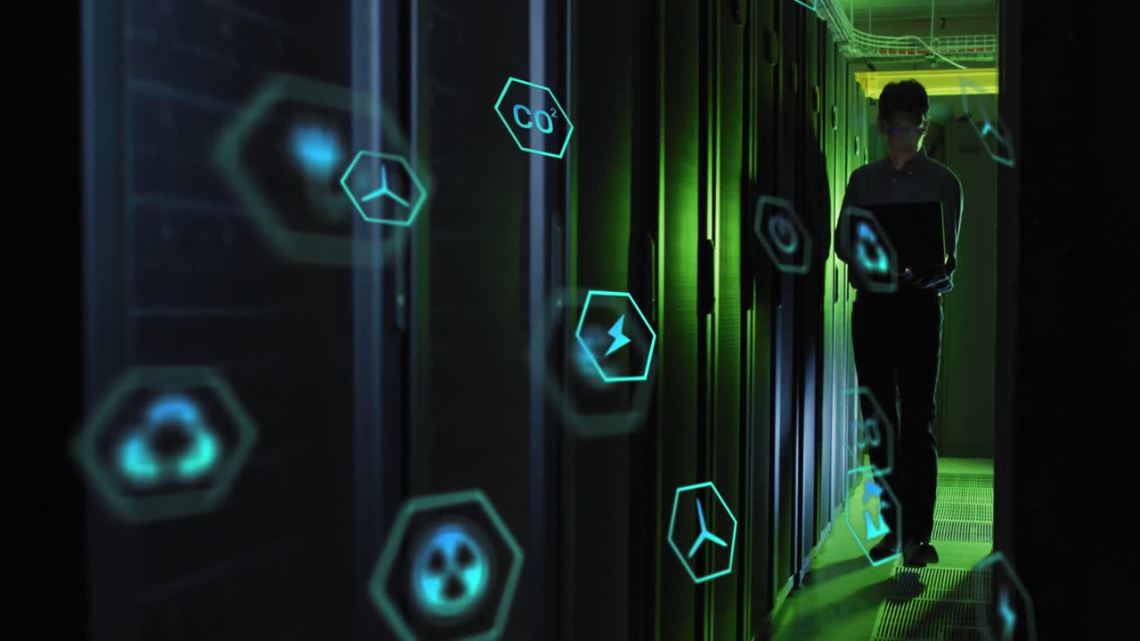 서버  ⁇ 에서 일하는 아시아인 남성 위의 육각형으로 기술 아이콘의 애니메이션