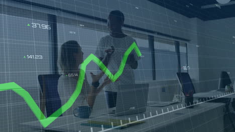 animation of green line and financial data processing over diverse business people in office