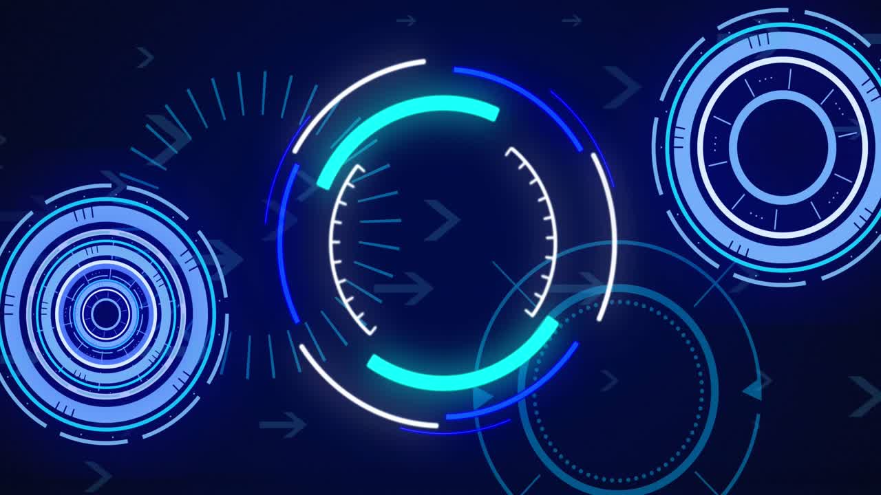 Animation of multiple neon round scanners and arrow icons moving against blue background
