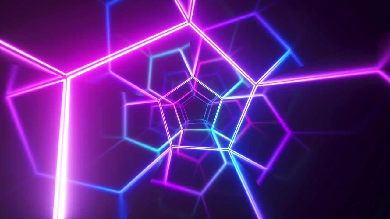 volo senza fine nel corridoio con una curva al neon laser. illuminazione ultravioletta moderna. spettro di luce viola blu. ciclo senza cuciture 3d render