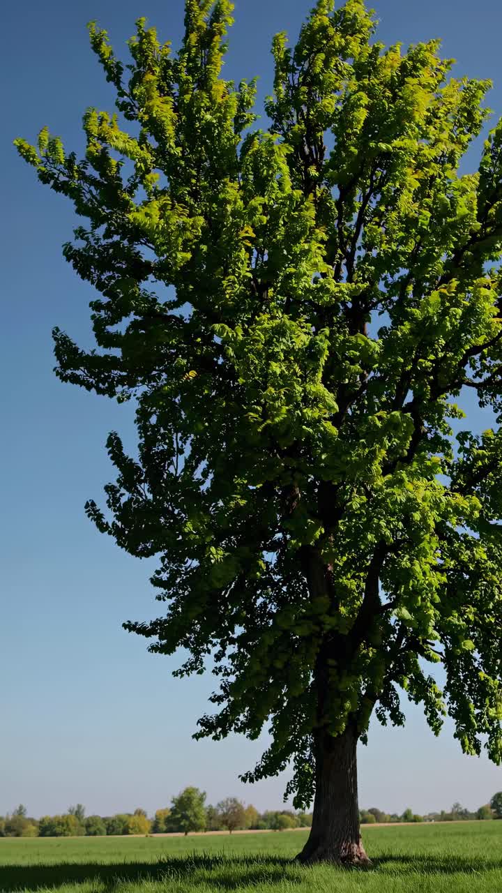 A vibrant tree in a field captured from a low-angle, showcasing lush green leaves against a clear