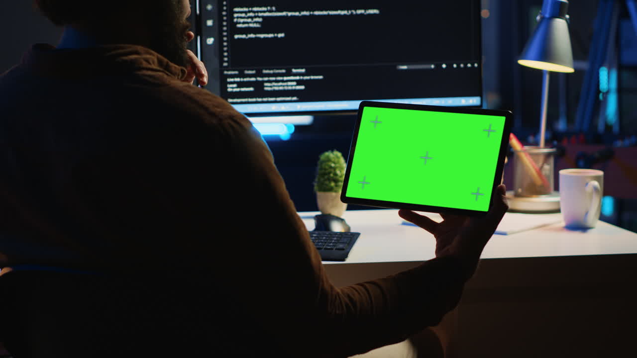 Software developer watching programming video tutorial on isolated screen tablet