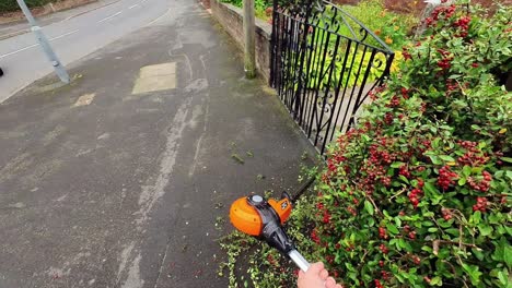 pov male doing chores cutting overgrown hedge maintenance with electrical garden trimming shears