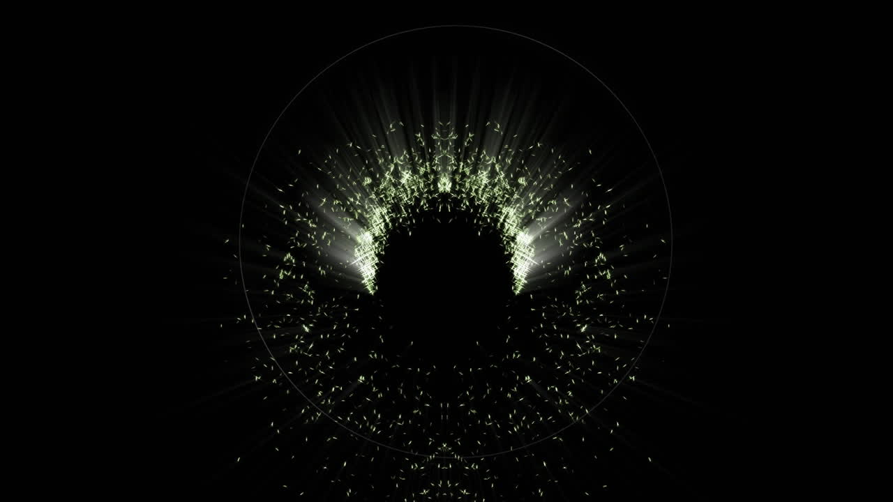 círculos blancos pulsantes en un fondo oscuro con escamas de oro