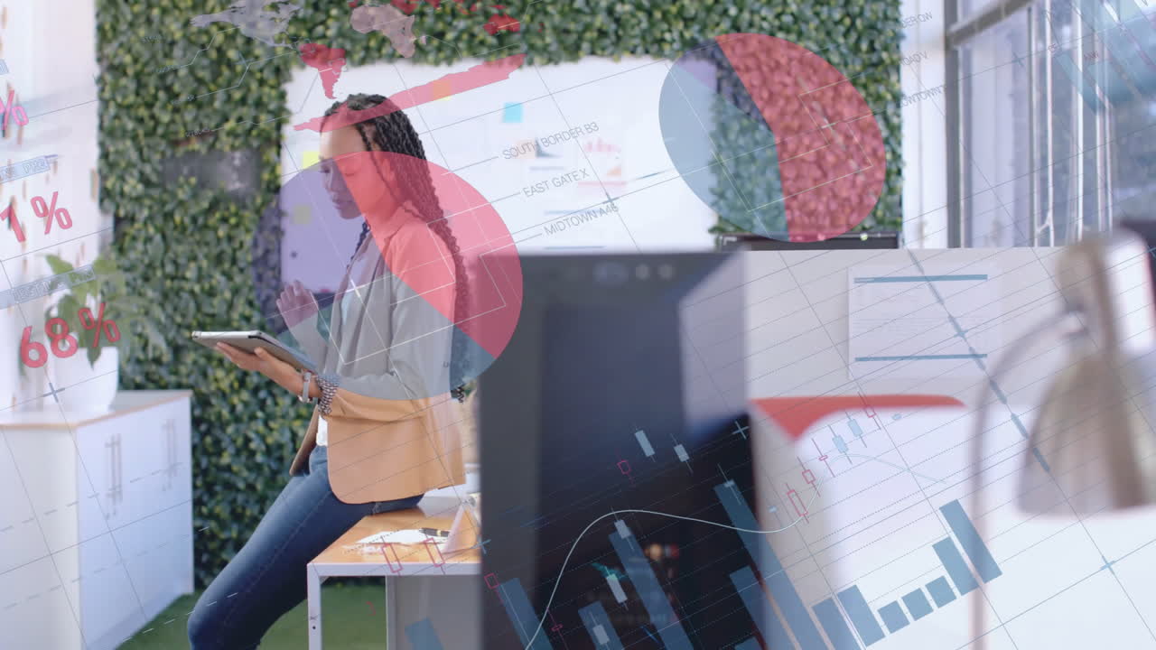 análisis de gráficos financieros animación sobre mujer de negocios que utiliza teléfono inteligente en la oficina moderna