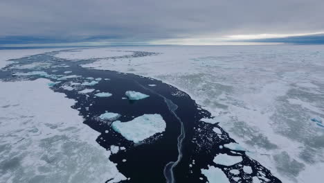 aerial view of a channel of open water breaking through vast ice fields