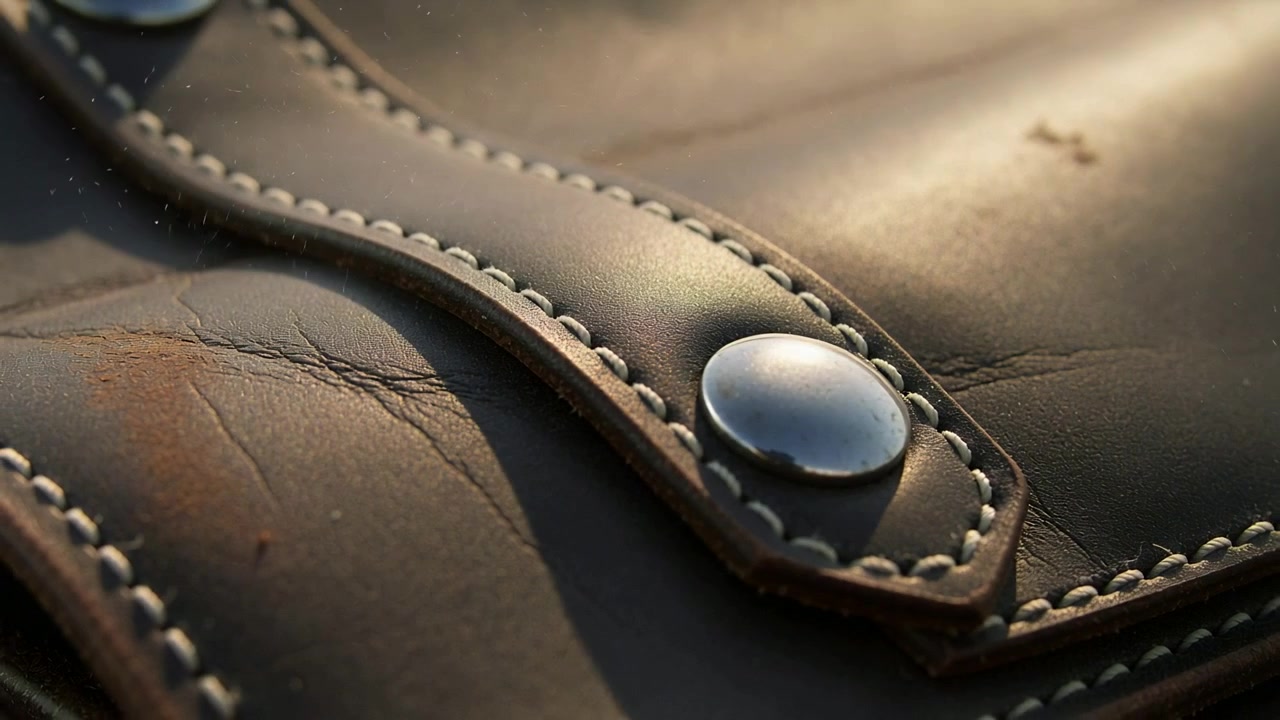 フォーカスを送りながらカメラが引き、スタジオでステッチ入りのレザーストラップと金属製のスナップボタンを映し出す