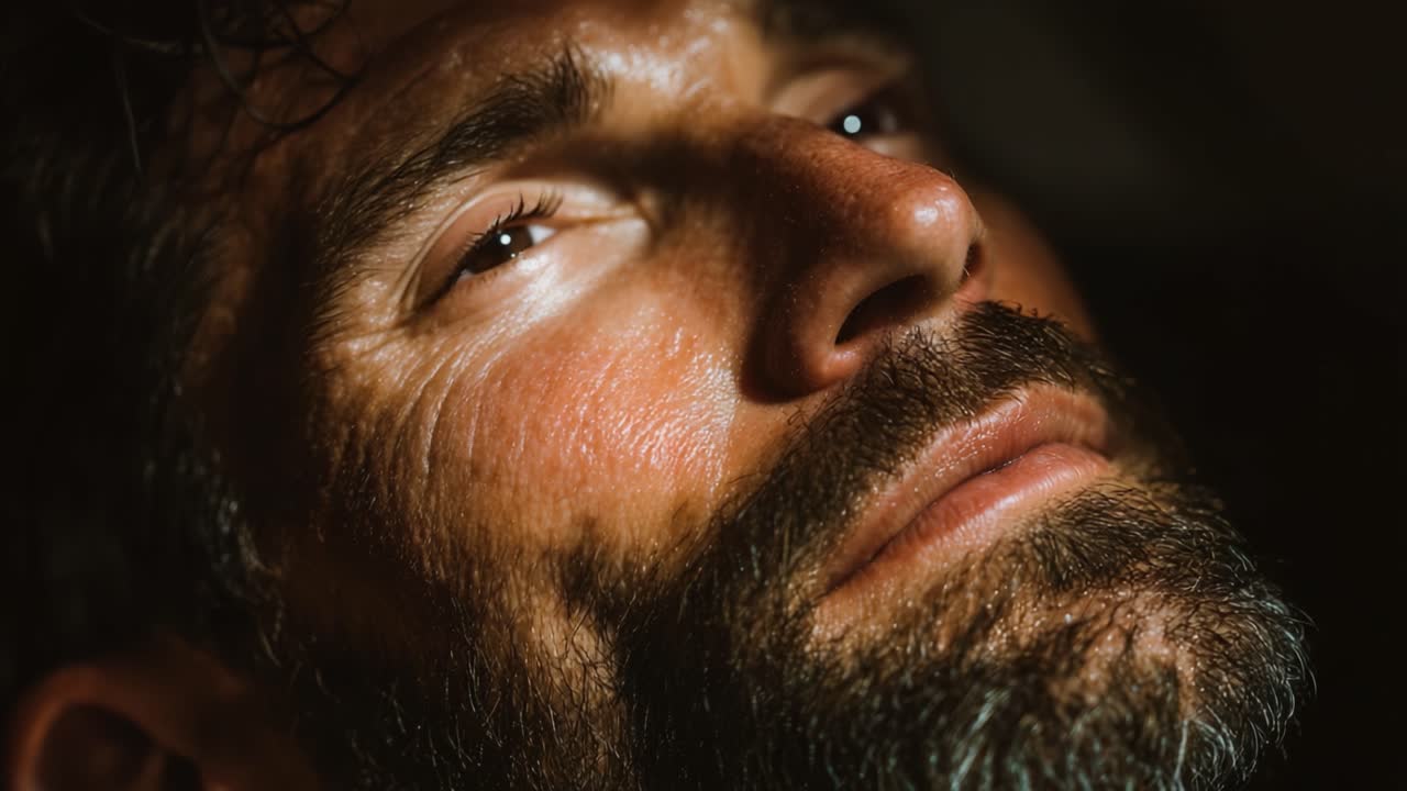 A Close-Up of a Contemplative Man's Face Expressing Tranquility and Deep Thoughtfulness in Soft Lighting
