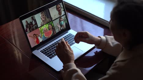 communication concept. back view of granny making video call on laptop, chatting with grandchildren and relatives