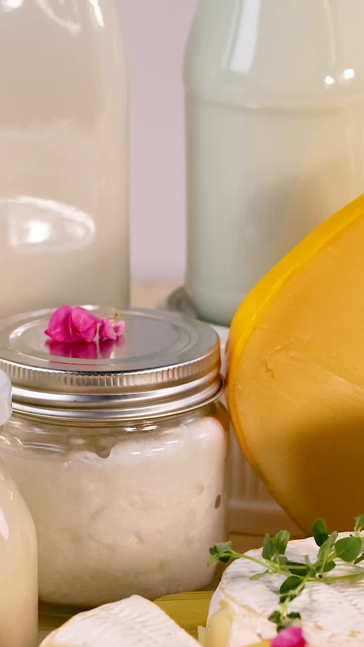 색 배경 에 배열 된 여러 가지 유제품