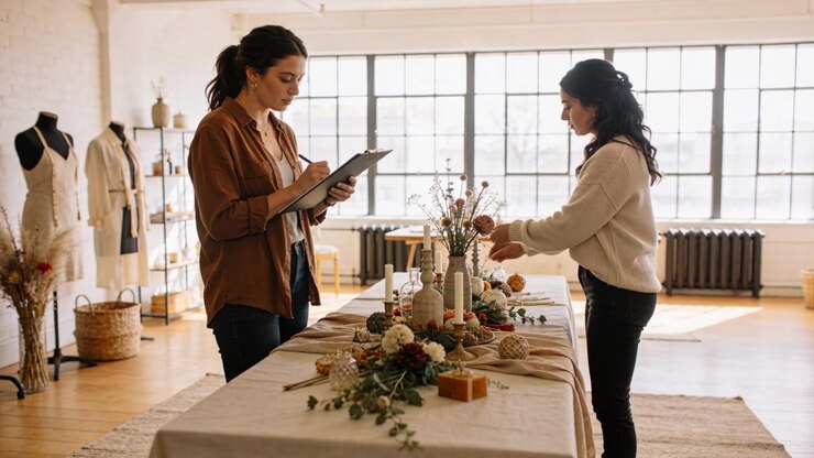 Consulting notes, left woman guiding right woman arranging floral table decor for styling in studio