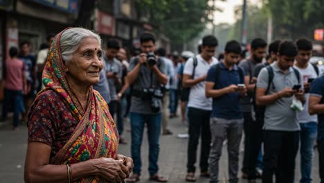 an elderly woman in traditional attire stands confidently amidst a crowd of young people engaged with their phones in a bustling urban street scene