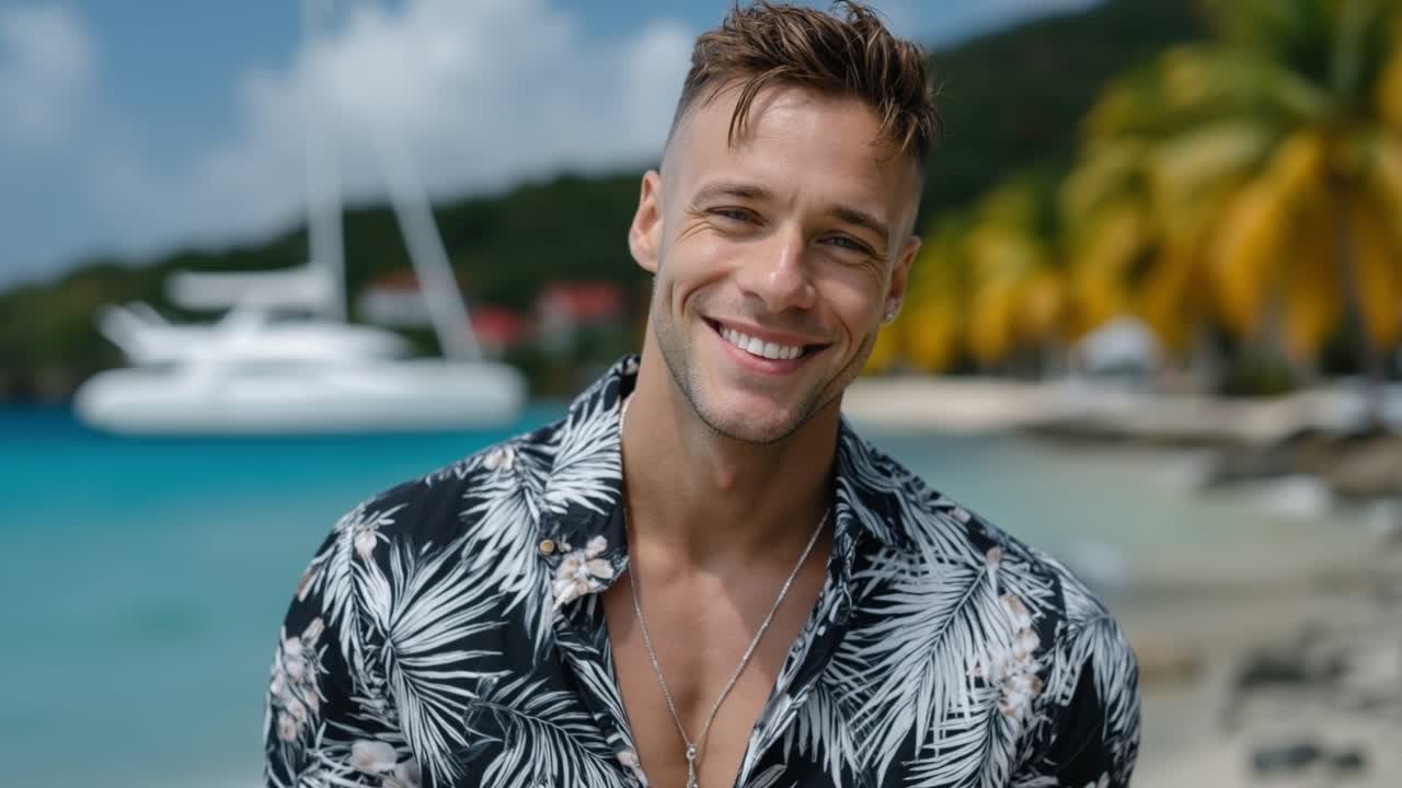 Joven sonriente con una camisa de estampado tropical en blanco y negro en unas vacaciones de lujo