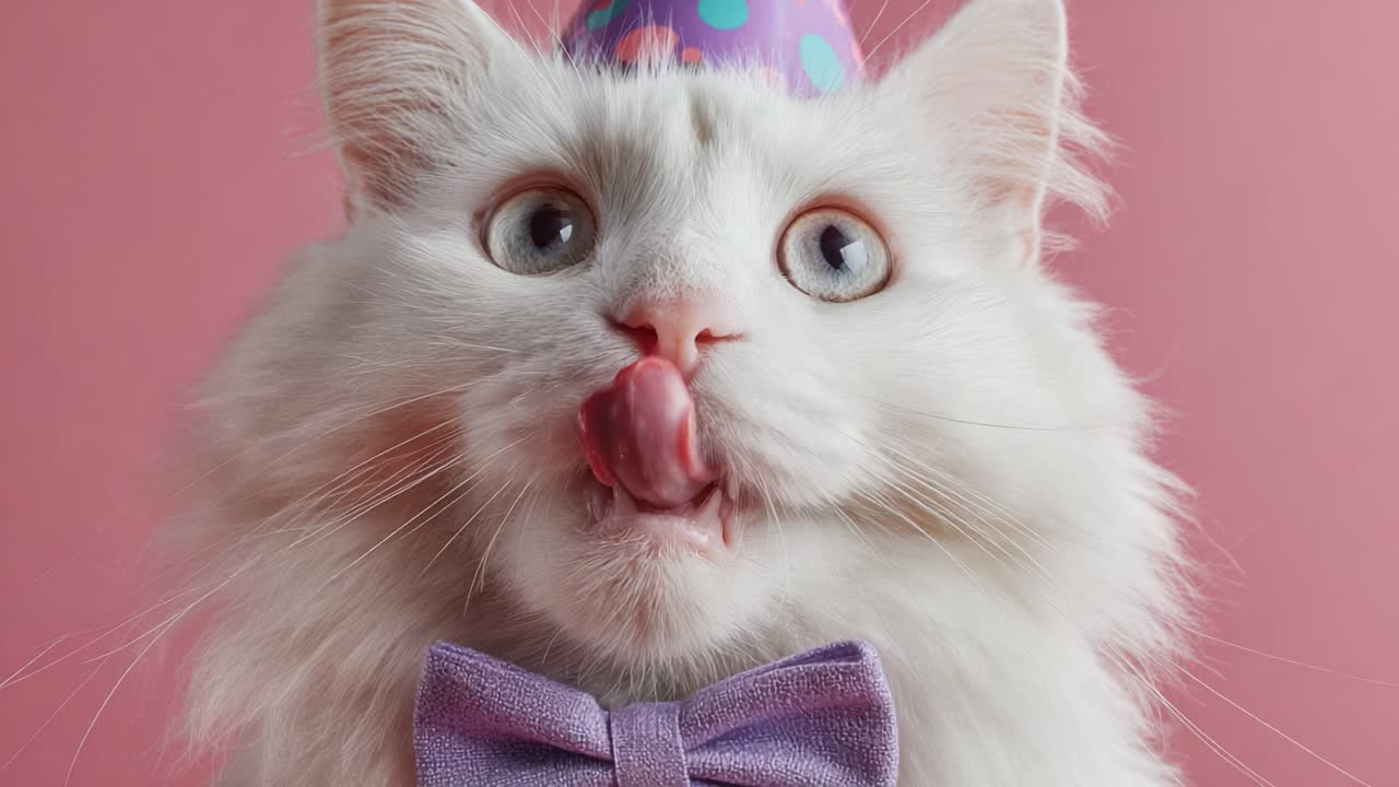 A Playful White Cat Dressed for a Celebration with a Party Hat and Bow Tie, Displaying Its Quirky Personality in a Charming Pink Background