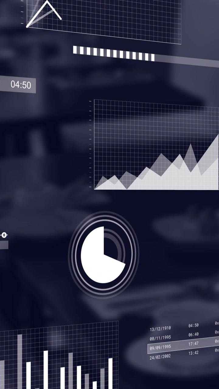 Animation of loading circles, multiple graphs and timer over place setting on dining table