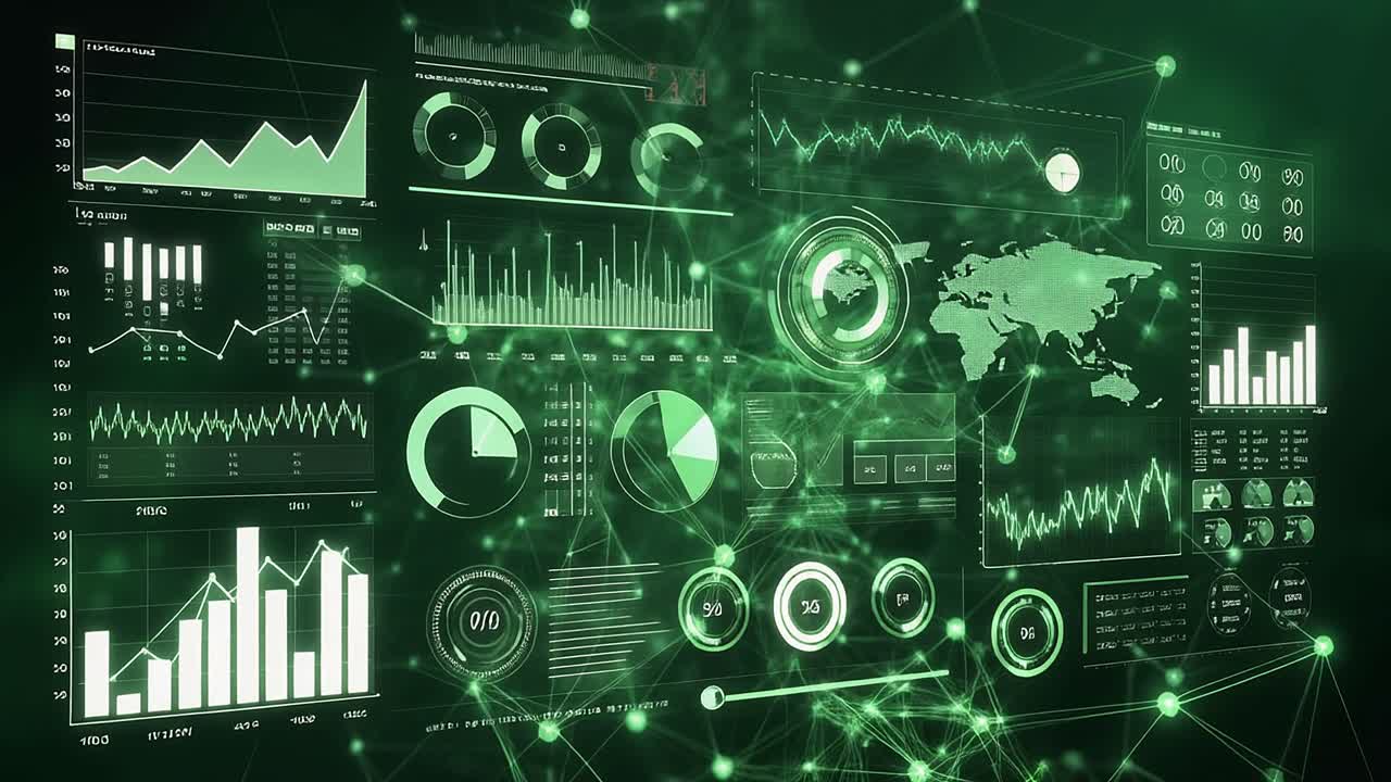 Futuristic Digital Interface Displaying Data Analytics and Network Connections