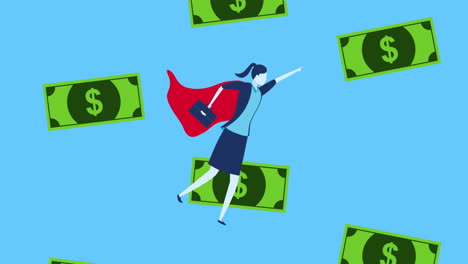 mujer de negocios trabajadora héroe volando con billetes de dólares