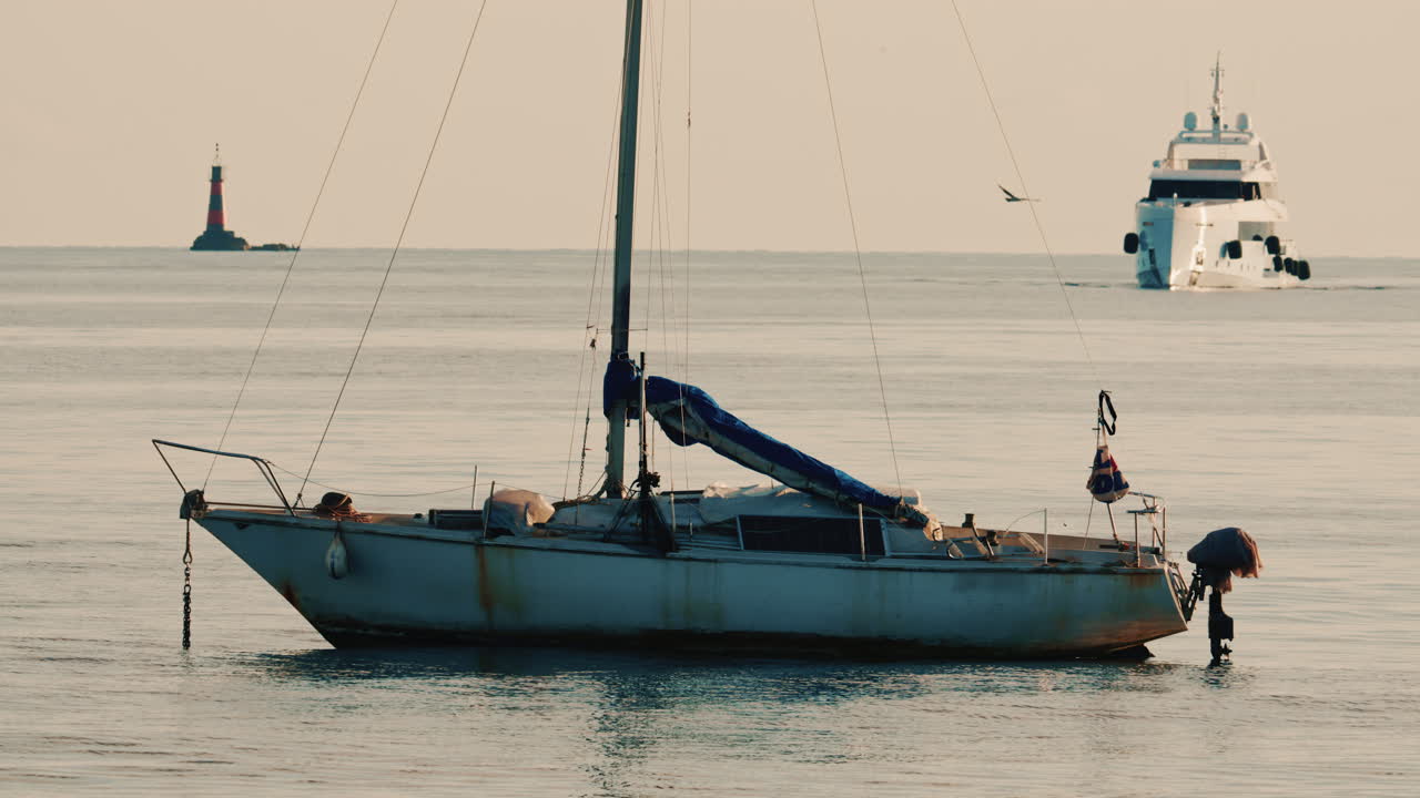 Una barca a vela ancorata su acque calme vicino alla costa, con un faro e un grande yacht visibili sullo sfondo