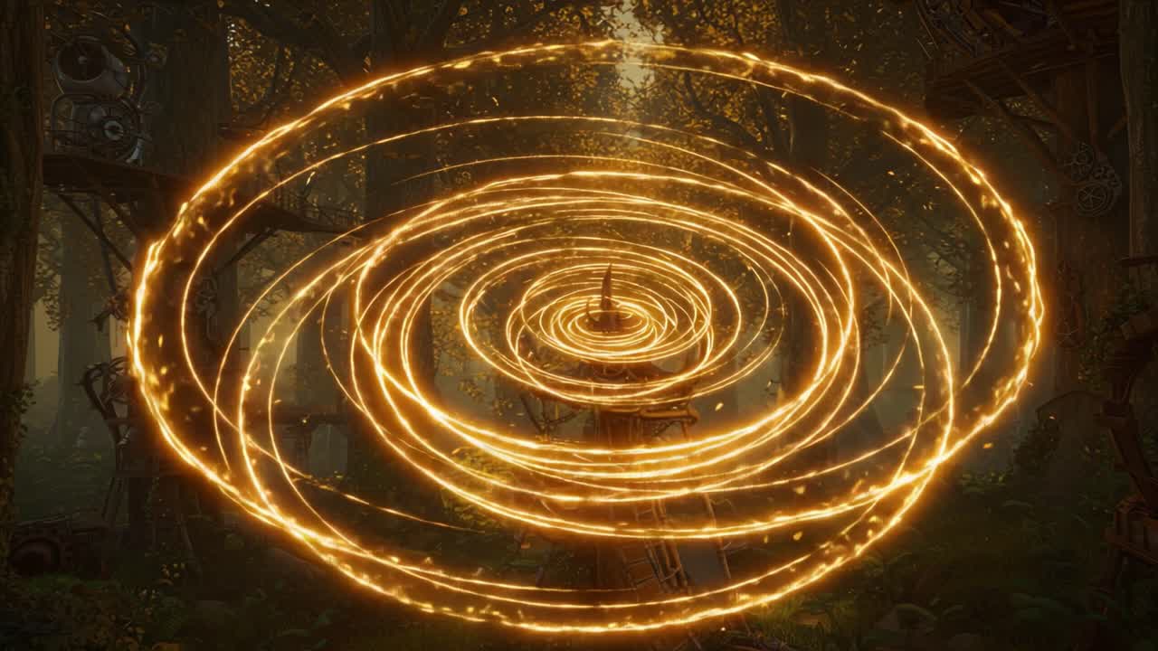Enchanted Swirls: A Glimpse into a Magical Realm with Radiant Spirals of Light Surrounded by Lush Forest Canopies and Mystical Elements