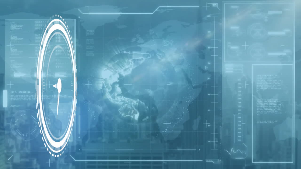 Futuristic data processing animation over world map and digital interface
