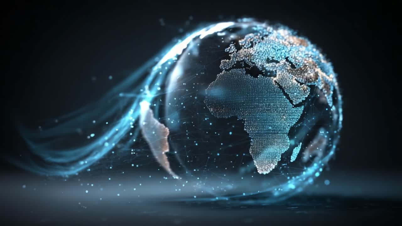 Rappresentazione dinamica di un globo rotante arricchita da particelle digitali e connettività, che illustra il flusso illimitato di informazioni attraverso i continenti.