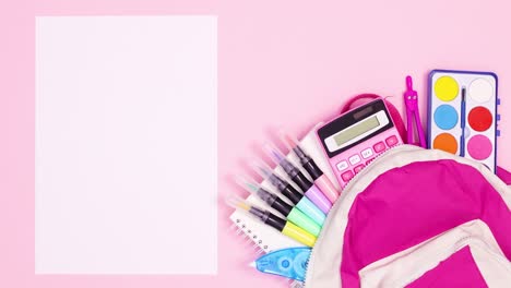school tools come out of backpack and white paper for text appear on pink theme. stop motion