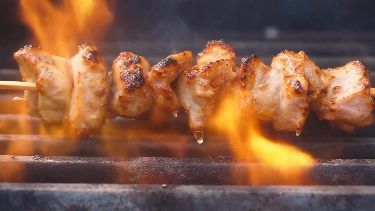 Spiedino di pollo alla griglia su fiamme vive su un barbecue