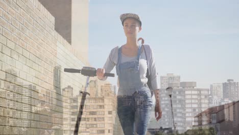 Animation-of-cityscape-over-biracial-woman-walking-with-scooter