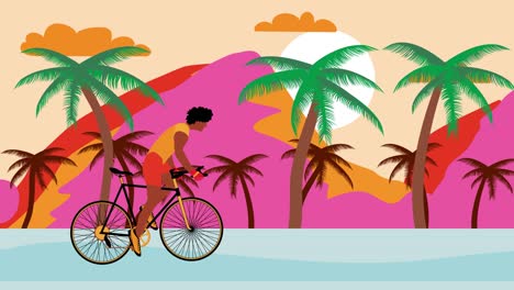 african american men cyclist is riding bicycle on the beach with sunset. summer cartoon animation, flat design, loop 4k