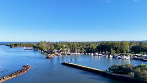 scenic aerial view of marina and river