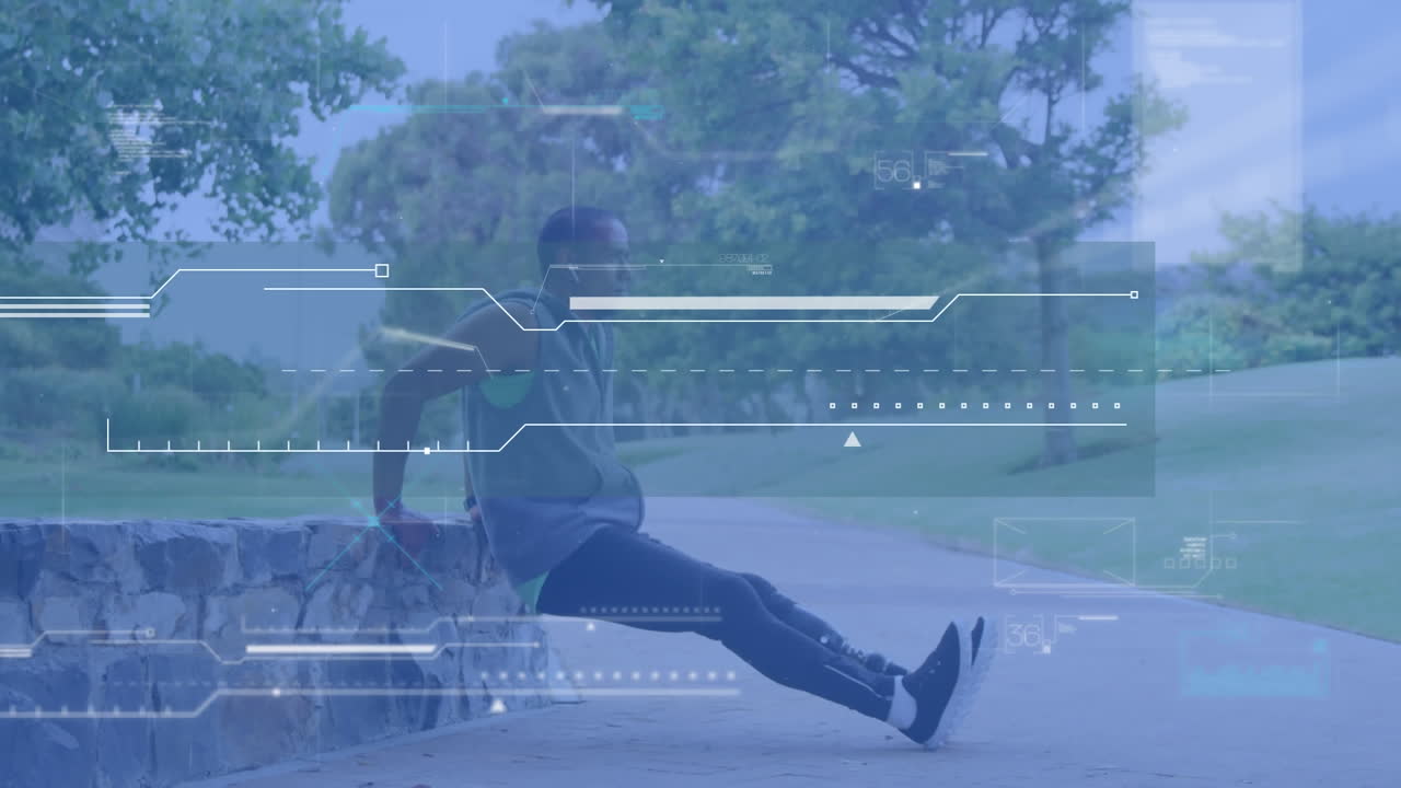 인터페이스의 애니메이션과 야외에서 운동하는 의족을 가진 남성 운동 선수에 대한 데이터 처리