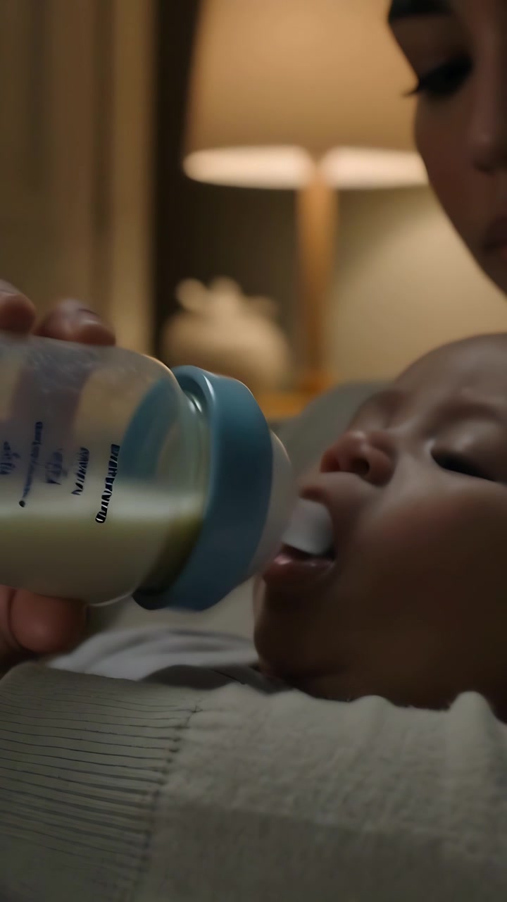 Video verticale: Si vede della bava, mamma che culla il neonato a casa, pulendolo con un panno e dandogli un biberon blu