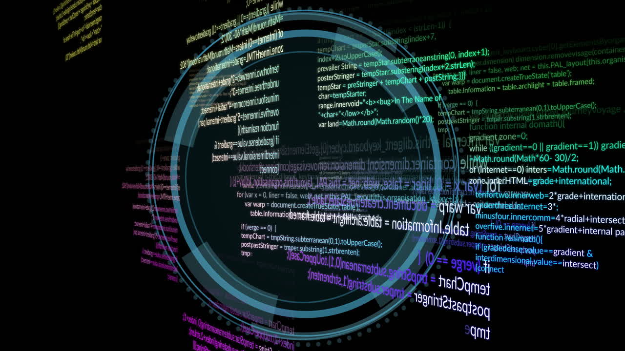 Animation of rotating digital code and circular interface elements on black background
