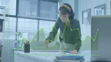 animation of financial data processing over asian businesswoman working at office