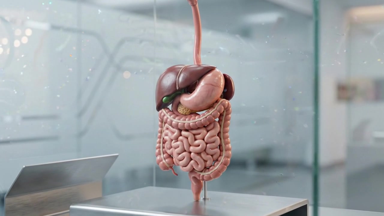 Isolated holographic stomach and intestines displayed on pedestal inside clinical room