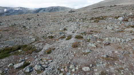 Vuelo-De-Drones-Sobre-La-Superficie-Del-Suelo-Rocoso-Que-Revela-El-Majestuoso-Paisaje-Montañoso-Con-Un-Lago-A-Lo-Lejos,-Naturaleza-Virgen-En-Noruega